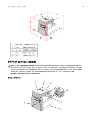 Page 111
23
4
5
1Right side 307.34 mm (12.1 in.)
2Front 444.5 mm (17.5 in.)
3Left side 374.65 mm (14.75 in.)
4Rear 100 mm (3.9 in.)
5Top 304.8 mm (12 in.)
Printer conﬁgurations
CAUTION—TIPPING HAZARD: Floor‑mounted conﬁgurations require additional furniture for stability.
You must use either a printer stand or printer base if you are using a high‑capacity input tray, a duplex
unit and an input option, or more than one input option. If you purchased a multifunction printer (MFP)
that scans, copies, and faxes,...