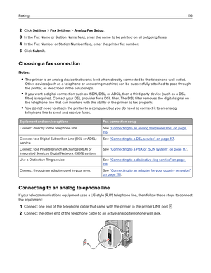 Page 1162Click Settings > Fax Settings > Analog Fax Setup.
3In the Fax Name or Station Name ﬁeld, enter the name to be printed on all outgoing faxes.
4In the Fax Number or Station Number 
ﬁeld, enter the printer fax number.
5Click Submit.
Choosing a fax connection
Notes:
The printer is an analog device that works best when directly connected to the telephone wall outlet.
Other devices(such as a telephone or answering machine) can be successfully attached to pass through
the printer, as described in the setup...