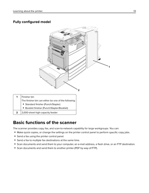 Page 13Fully conﬁgured model
1
2
1Finisher bin
The ﬁnisher bin can either be one of the following:
Standard ﬁnisher (Punch/Stapler)
Booklet ﬁnisher (Punch/Stapler/Booklet)
22,000‑sheet high‑capacity feeder
Basic functions of the scanner
The scanner provides copy, fax, and scan-to-network capability for large workgroups. You can:
Make quick copies, or change the settings on the printer control panel to perform 
speciﬁc copy jobs.
Send a fax using the printer control panel.
Send a fax to multiple fax destinations...