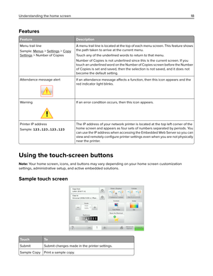 Page 18Features
Feature Description
Menu trail line
Sample: 
Menus > Settings > Copy
Settings > Number of CopiesA menu trail line is located at the top of each menu screen. This feature shows
the path taken to arrive at the current menu.
Touch any of the underlined words to return to that menu.
Number of Copies is not underlined since this is the current screen. If you
touch an underlined word on the Number of Copies screen before the Number
of Copies is set and saved, then the selection is not saved, and it...