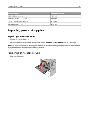 Page 237Maintenance kit Service part number
320K (100 V) Maintenance Kit 40X7568
320K (110 V) Maintenance Kit 40X7550
320K (220 V) Maintenance Kit 40X7569
480K Maintenance Kit 40X7560
Replacing parts and supplies
Replacing a maintenance kit
1Replace the maintenance kit.
2Reset the maintenance count to zero to clear the 80 scheduled maintenance [x] message.
Note: For more information on replacing the maintenance kit and resetting the maintenance count, see the
instruction sheets that came with the maintenance...