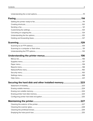 Page 4Understanding the e-mail options................................................................................................................. 111
Faxing.......................................................................................................... 114
Getting the printer ready to fax..................................................................................................................... 114
Creating...