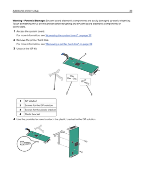 Page 33Warning—Potential Damage: System board electronic components are easily damaged by static electricity.
Touch something metal on the printer before touching any system board electronic components or
connectors.
1Access the system board.
For more information, see 
“Accessing the system board” on page 27.
2Remove the printer hard disk.
For more information, see 
“Removing a printer hard disk” on page 39
3Unpack the ISP kit.
23
4
1
1ISP solution
2Screws for the ISP solution
3Screws for the plastic bracket...