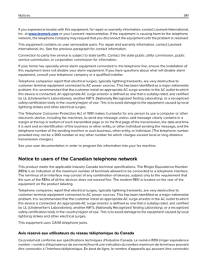 Page 341If you experience trouble with this equipment, for repair or warranty information, contact Lexmark International,
Inc. at 
www.lexmark.com or your Lexmark representative. If the equipment is causing harm to the telephone
network, the telephone company may request that you disconnect the equipment until the problem is resolved.
This equipment contains no user serviceable parts. For repair and warranty information, contact Lexmark
International, Inc. See the previous paragraph for contact information....