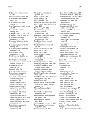 Page 35780 Scheduled maintenance
[x]  297
80.xx Fuser life warning  297
82.xx Replace waste toner
bottle  297
82.xx Waste toner bottle
missing  297
82.xx Waste toner bottle nearly
full  298
83.xx Transfer module
missing  298
84 Replace black pc unit  237
84 Replace color pc units  237
84 unsupported [color]
photoconductor  298
84.xx [color] photoconductor
low  298
84.xx [color] photoconductor
missing  298
84.xx [color] photoconductor
nearly low  298
84.xx Replace [color]
photoconductor  298
840.01 Scanner...