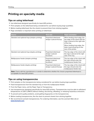 Page 90Printing on specialty media
Tips on using letterhead
Use letterhead designed speciﬁcally for laser/LED printers.
Print samples on the letterhead being considered for use before buying large quantities.
Before loading letterhead, ﬂex the sheets to prevent them from sticking together.
Page orientation is important when printing on letterhead.
Source Print side Paper orientation
Standard and optional trays (simplex printing) Preprinted letterhead
design is placed faceup.When feeding short edge, the
top edge...