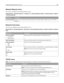 Page 152Network Reports menu
This menu is available from the Network/Ports menu:
Network/Ports > Standard Network or Network [x] > Standard Network Setup or Network Setup > Reports
or Network Reports
Menu item Description
Print Setup PagePrints a report containing information about the network printer settings, such as the TCP/IP
address
Network Card menu
This menu is available from the Network/Ports menu:
Network/Ports > Standard Network or Network [x] > Standard Network Setup or Network [x] Setup > Network...