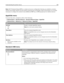 Page 155Note: Wi-Fi Protected Setup (WPS) is a simple and secure conﬁguration that lets you establish a wireless
network and enable network security without requiring prior knowledge of Wi‑Fi technology. It is no longer
necessary to conﬁgure the network name (SSID) and WEP key or WPA passphrase for network devices.
AppleTalk menu
To access the menu, navigate to either of the following:
Network/Ports > Standard Network > Standard Network Setup > AppleTalk
Network/Ports > Network [x] > Network [x] Setup >...