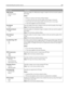 Page 198Menu item Description
JPEG Quality
Best for content
5–90Sets the quality of a JPEG photo image in relation to ﬁle size and the quality of
the image
Notes:
Best for content is the factory default setting.
5 reduces the ﬁle size, but the quality of the image is lessened.
90 provides the best image quality, but the ﬁle size is very large.
This menu applies to all scan functions.
Te x t  D e f a u l t
5–90Sets the quality of the text in relation to ﬁle size and the quality of the image
Note: 75 is the...