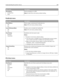 Page 216Menu item Description
Annotations
Do Not Print
PrintPrints annotations in a PDF
Note: Do Not Print is the factory default setting.
PostScript menu
Menu item Description
Print PS Error
Off
OnPrints a page containing the PostScript error
Note: 
Off is the factory default setting.
Lock PS Startup Mode
Off
OnEnables users to disable the SysStart ﬁle
Note: Off is the factory default setting.
Font Priority
Resident
Flash/DiskEstablishes the font search order
Notes:
Resident is the factory default setting.
This...