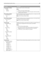 Page 218Menu item Description
PCL Emulation Settings
A4 Width
198 mm
203 mmSets the printer to print on A4‑size paper
Notes:
198 mm is the factory default setting.
The 203‑mm setting sets the width of the page to allow the printing
of eighty 10‑pitch characters.
PCL Emulation Settings
Auto CR after LF
Off
OnSpeciﬁes whether the printer automatically performs a carriage return (CR)
after a line feed (LF) control command
Note: Off is the factory default setting.
PCL Emulation Settings
Auto LF after CR
Off...