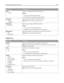 Page 220Menu item Description
Scale
1–400%Scales the default font for HTML documents
Notes:
100% is the factory default setting.
Scaling can be increased in 1% increments.
Orientation
Portrait
LandscapeSets the page orientation for HTML documents
Note: Portrait is the factory default setting.
Margin Size
8–255 mmSets the page margin for HTML documents
Notes:
19 mm is the factory default setting.
Margin size can be increased in 1‑mm increments.
Backgrounds
Print
Do Not PrintSpeciﬁes whether to print backgrounds...