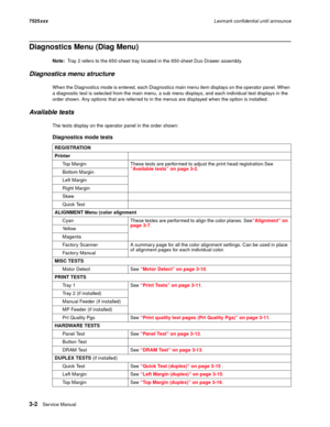Page 1243-2Ser vice Manual 7525xxxLexmark confidential until announce
Diagnostics Menu (Diag Menu)
Note:  Tray 2 refers to the 650-sheet tray located in the 650-sheet Duo Drawer assembly.
Diagnostics menu structure
When the Diagnostics mode is entered, each Diagnostics main menu item displays on the operator panel. When 
a diagnostic test is selected from the main menu, a sub menu displays, and each individual test displays in the 
order shown. Any options that are referred to in the menus are displayed when the...