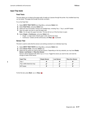 Page 139Diagnostic aids3-17
Lexmark confidential until announce7525xxx
Input Tray tests
Feed Tests
This test allows you to observe the paper path of media as it passes through the printer. Any installed input tray 
can be tested. The pages fed through the printer are blank.
To run the Feed Test:
1.Select INPUT TRAY TESTS from Diag Menu, and press Select ().
2.Select Feed Tests, and press Select ().
3.Select the tray to be tested. Choices are installed trays, including Tray 1, Tray 2, and MP Feeder.
4.Open the...