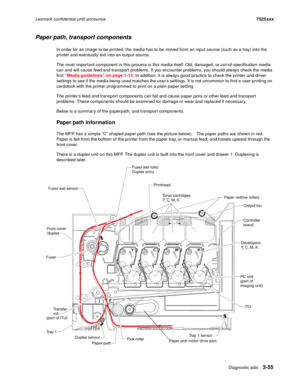 Page 177Diagnostic aids3-55
Lexmark confidential until announce7525xxx
Paper path, transport components
In order for an image to be printed, the media has to be moved from an input source (such as a tray) into the 
printer and eventually exit into an output source. 
The most important component in this process is this media itself. Old, damaged, or out-of-specification media 
can and will cause feed and transport problems. If you encounter problems, you should always check the media 
first “Media guidelines” on...
