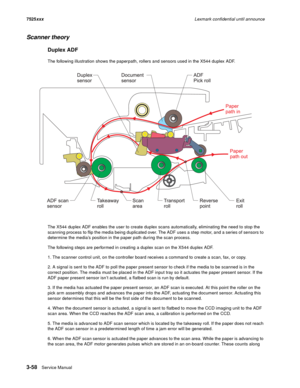 Page 1803-58Service Manual 7525xxxLexmark confidential until announce
Scanner theory
Duplex ADF
The following illustration shows the paperpath, rollers and sensors used in the X544 duplex ADF.
The X544 duplex ADF enables the user to create duplex scans automatically, eliminating the need to stop the 
scanning process to flip the media being duplicated over. The ADF uses a step motor, and a series of sensors to 
determine the media’s position in the paper path during the scan process. 
The following steps are...