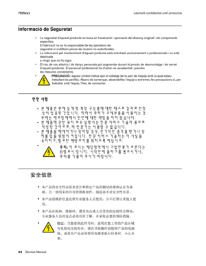 Page 20xxService Manual 7525xxxLexmark confidential until announce
Informació de Seguretat
La seguretat daquest producte es basa en lavaluació i aprovació del disseny original i els components 
específics.  
El fabricant no es fa responsable de les qüestions de 
seguretat si sutilitzen peces de recanvi no autoritzades. 
La informació pel manteniment d’aquest producte està orientada exclusivament a professionals i no està 
destinada 
a ningú que no ho sigui.
El risc de xoc elèctric i de danys personals pot...