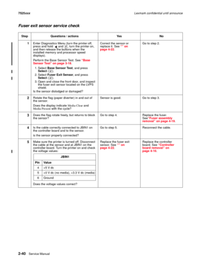 Page 842-40Service Manual 7525xxxLexmark confidential until announce
Fuser exit sensor service check
Step Questions / actions Yes No
1Enter Diagnostics Menu (turn the printer off, 
press and hold   and  , turn the printer on, 
and then release the buttons when the 
installed memory and processor speed 
displays).
Perform the Base Sensor Test. See “Base 
Sensor Test” on page 3-18. 
1. Select Base Sensor Test, and press 
Select ().
2. Select Fuser Exit Sensor, and press 
Select ().
3. Open and close the front...