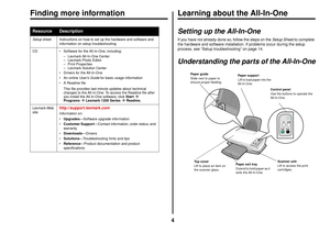 Page 44
Finding more information
Learning about the All-In-OneSetting up the All-In-OneIf you have not already done so, follow the steps on the Setup Sheet to complete 
the hardware and software installation. If problems occur during the setup 
process, see “Setup troubleshooting” on page 14.Understanding the parts of the All-In-One
Resource
Description
Setup sheet Instructions on how to set up the hardware and software and 
information on setup troubleshooting
CD  Software for the All-In-One, including:
–...