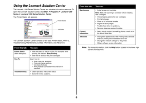 Page 88
Using the Lexmark Solution CenterThe Lexmark 1200 Series Solution Center is a valuable information resource. To 
open the Lexmark Solution Center, click Start Programs  Lexmark 1200 
Series Lexmark 1200 Series Solution Center. 
The Printer Status tab appears.
The Lexmark Solution Center consists of six tabs: Printer Status, How To, 
Troubleshooting, Maintenance, Contact Information, and Advanced.
Note:
For more information, click the Help button located in the lower right 
corner of the screen.
From...