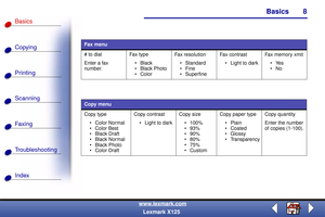 Page 15Basics
Copying
Printing
Scanning
Fax i ng
Troubleshooting
8
Basics
Index
www.lexmark.com
Lexmark X125
Fax menu
# to dial
Enter a fax 
number.Fax  typ e
Black
 Black Photo
 ColorFax  re so lu tion
 Standard
Fine 
 SuperfineFax  co ntras t
 Light to darkFax memory xmit
Yes
No
Copy menu
Copy type
 Color Normal
 Color Best
Black Draft
Black Normal
 Black Photo
 Color DraftCopy contrast
 Light to darkCopy size
 100%
 93%
 90%
 80%
 75%
CustomCopy paper type
 Plain
Coated
Glossy
...