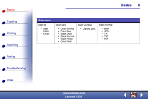 Page 16Basics
Copying
Printing
Scanning
Fax i ng
Troubleshooting
9
Basics
Index
www.lexmark.com
Lexmark X125
Scan menu
Scan to
User 
folder
EmailScan type
 Color Normal
 Color Best
Black Draft
Black Normal
 Black Photo
 Color DraftScan Contrast
 Light to darkScan Format
BMP
JPG
TIF
TXT
RTF 