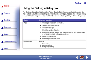 Page 18Basics
Copying
Printing
Scanning
Fax i ng
Troubleshooting
11
Basics
Index
www.lexmark.com
Lexmark X125
Using the Settings dialog box
The Settings dialog box has four tabs: Paper, Quality/Color, Layout, and Maintenance. Use 
these tabs to adjust the print settings and maintain the cartridges. To open the Settings dialog 
box, click Start   Programs   Lexmark X125   Lexmark Settings Utility Print Properties.
Click...When you want to...
Paper  Select a paper size and orientation.
 Create a custom paper...