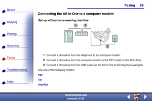 Page 75Faxing
Copying
Printing
Scanning
Fax i ng
Troubleshooting
68
Basics
Index
www.lexmark.com
Lexmark X125
Connecting the All-In-One to a computer modem
Set up without an answering machine
1
Connect a phoneline from the telephone to the computer modem.
2Connect a phoneline from the computer modem to the EXT outlet on the All-In-One.
3Connect a phoneline from the LINE outlet on the All-In-One to the telephone wall jack.
Use one of the following modes:
Fax
Te l
Ans/Fax
1
3
2 