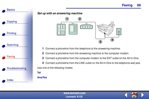 Page 76Faxing
Copying
Printing
Scanning
Fax i ng
Troubleshooting
69
Basics
Index
www.lexmark.com
Lexmark X125
Set up with an answering machine
1
Connect a phoneline from the telephone to the answering machine.
2Connect a phoneline from the answering machine to the computer modem.
3Connect a phoneline from the computer modem to the EXT outlet on the All-In-One.
4Connect a phoneline from the LINE outlet on the All-In-One to the telephone wall jack.
Use one of the following modes:
Te l
Ans/Fax
1
3
2
4 