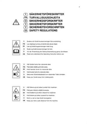 Page 2SIKKERHEDSFORSKRIFTER
SIKKERHETSFORSKRIFTER
SICHERHEITSVORSCHRIFTEN
SAFETY REGULATIONS
Studera och förstå bruksanvisningen före användning.
Læs og forstå brugsanvisningen inden brug.
2
Read and understand the Operating Instruction before use.Vor der Anwendung die Gebrauchsanweisung genau durchlesen.
Stets einen Sicherheitsabstand von rotierenden Teilen einhalten. Studer og forstå bruksanvisningen før bruk.Lue ohjekirjaa kunnes ymmärrät siinä olevat ohjeet.
Håll händer borta från roterande delar.
Pidä...