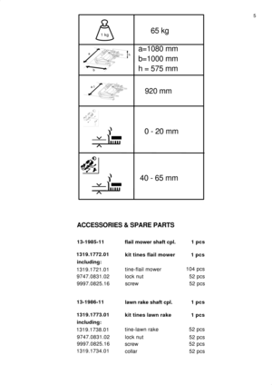 Page 51 kg
920 mm a=1080 mm
b=1000 mm
h = 575 mm
b
65 kg
a
h
a 1
40 - 65 mm0 - 20 mm
ACCESSORIES & SPARE PARTS
13-1985-11
flail mower shaft cpl.
1319.1772.01
kit tines flail mower
including:
1319.1721.01tine-flail mower104 pcs1 pcs1 pcs
9747.0831.02 lock nut 52 pcs
9997.0825.16screw 52 pcs
13-1986-11
lawn rake shaft cpl.
1319.1773.01
kit tines lawn rake
including:
1319.1738.01tine-lawn rake1 pcs 1 pcs
9747.0831.02
lock nut
52 pcs
9997.0825.16
screw52 pcs 52 pcs
1319.1734.01
collar 52 pcs
5 