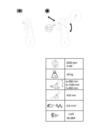 Page 151 kg
LwA
96 dBA
9,8 m/s²
430 mm
3200 rpm
4 kW
a
bh
a=580 mm
b=1030 mm
h=950 mm46 kg 