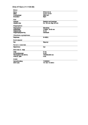 Page 2Dino 47 Euro (11-1134-30)
  Motor
  Motor      STIGA SV 40
  Effekt      4,0 hk, 3,0 kW
  Omdrejninger      2900 rpm
  Brændstof      Blyfri
  Hjul
  Hjultype      Plasthjul med bøsninger
  Hjulstørrelse      For 165 mm. Bag 165 mm
  Klippesystem
  Klippesystem      Sideudkast
  Klippehøjde      3 højder, 35-60 mm
  Klippebredde      45 cm
  Klippehøjdejustering      Individuelt
  Vibrations- og støjniveau
  Støjniveau      94 dB(A)
  Kontrolpanel
  Styr       Stiga styr
  Farve &  materiale
  Skjold...