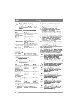 Page 3434
POLSKIPL
W przypadku nie osiągnięcia 
poniższych wyników nie wolno używać 
maszyny! W takim przypadku należy 
zawieźć maszynę do serwisu w celu 
naprawy.
4.3.1 Ogólna kontrola bezpieczeństwa
4.3.2 Elektryczna kontrola 
bezpieczeństwa
Działanie systemu bezpieczeństwa 
należy sprawdzać przed każdym 
użyciem maszyny.
4.4 Rozruch1.  Patrz rys. 10. Otworzyć zawór paliwowy 
umieszczony w osłonie po lewej tylnej stronie 
(12).2. Sprawdzić, czy kable świec zapłonowych są 
założone na świece.
3. Upewnić się,...