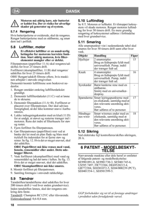 Page 1818
DANSKDA
Motoren må aldrig køre, når batteriet 
er koblet fra. Der er risiko for alvorlige 
skader på generator og el-system.
5.7.4 Rengøring
Hvis batteripolerne er oxiderede, skal de rengøres. 
Rengør batteripolerne med en stålbørste, og smør 
dem ind i polfedt.
5.8 Luftfilter, motor
Et effektivt luftfilter er en uundværlig 
betingelse for motorens korrekte funk-
tion. Start aldrig motoren, hvis filter-
elementet mangler eller er defekt.
Filterpatronen (papirfilter 11:A) skal rengøres/ud-
skiftes for...