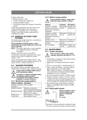 Page 173173
LIETUVIŲ KALBALT
Degalus pilkite taip:
1. S ėdynę  atlenkite į  viršų.
2. Atsukite degalų  bako dangtelį (6).
3. Atsargiai pripilkite degalų .
4. V ėl užsukite degal ų bako dangtel į ir nuleiskite 
s ė dynę .
Niekuomet nepripildykite benzino bako iki pat 
viršaus. Palikite tuš čios vietos (bent vis ą 
pripildymo vamzdel į ir dar 1–2 cm iki bako 
viršaus), kad sušil ęs benzinas gal ėtų  pl ėstis ir 
neišb ėgt ų per kraštus.
5.3 VARIKLIO ALYVOS LYGIO 
PATIKRA
Pristatymo metu variklio karteryje yra...