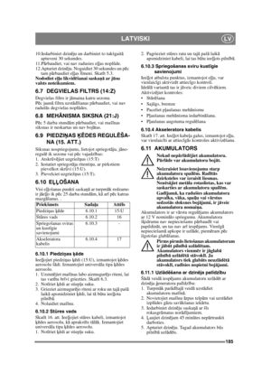 Page 185185
LATVISKILV
10.Iedarbiniet dzinēju un darbiniet to tukšgait ā 
aptuveni 30 sekundes. 
11.P ārbaudiet, vai nav radusies e ļļas nopl ūde.
12.Apturiet dzin ēju. Nogaidiet 30 sekundes un p ēc 
tam p ārbaudiet e ļļas l īmeni. Skat īt 5.3.
Nododiet e ļļu likvid ēšanai saska ņā ar j ūsu 
valsts noteikumiem.
6.7 DEGVIELAS FILTRS (14:Z)
Degvielas filtrs ir j āmaina katru sezonu.
P ēc jaun ā filtra uzst ād īšanas p ārbaudiet, vai nav 
raduš ās degvielas nopl ūdes.
6.8 MEH ĀNISMA SIKSNA (21:J)
Pēc 5 darba stund...