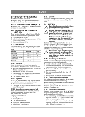 Page 3131
DANSKDA
6.7 BRÆNDSTOFFILTER (14:Z)Skift brændstoffilter hver sæson.
Kontrollér, at der ikke forekommer udsivning af 
brændstof, når det nye filter er monteret.
6.8 KLIPPEENHEDENS REM (21:J)Kontrollér efter 5 timers drift at maskinens remme 
er intakte og uden skader.
6.9 JUSTERING AF DRIVKÆDE (FIG. 15)
Juster kædestrækningen ved at flytte strækhjulet, 
hver sæson eller efter behov, på følgende måde:
1. Løsn møtrikkerne (15:T).
2. Indstil strækhjulet ved at spænde skruen (15:U) 
ved hjælp af fingrene....