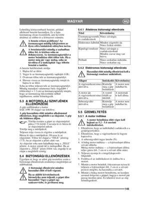 Page 145145
MAGYARHU
Lehetőleg környezetbarát benzint, például 
alkilezett benzint használjon. Ez a fajta 
üzemanyag olyan összetétel ű, ami kevésbé 
ártalmas az ember és a környezet számára.
A benzin er ősen gyúlékony! Az 
üzemanyagot mindig kifejezetten az 
ilyen célra kialakított edényben tartsa. 
A benzintartályt mindig a szabadban 
töltse fel, és közben soha ne 
dohányozzon. Az üzemanyagtartályt a 
motor beindítása el őtt töltse tele. Ha a 
motor még jár vagy meleg, soha ne 
távolítsa el a tanksapkát vagy...