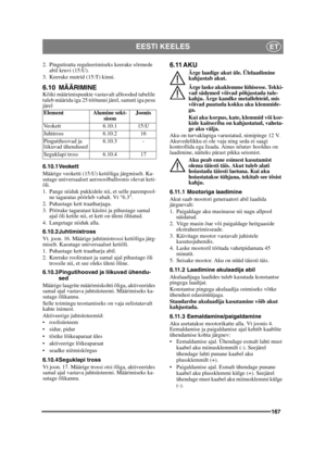 Page 167167
EESTI KEELESET
2. Pingutiratta reguleerimiseks keerake sõrmede abil kruvi (15:U).
3. Keerake mutrid (15:T) kinni.
6.10 MÄÄRIMINEKõiki määrimispunkte vastavalt alltoodud tabelile 
tuleb määrida iga 25 töötunni järel, samuti iga pesu 
järel
6.10.1 Veokett
Määrige veoketti (15:U) ketiõliga järgmiselt. Ka-
sutage universaalset aerosoolballoonis olevat keti-
õli.
1. Pange niiduk pukkidele nii, et selle parempool- ne tagaratas pöörleb vabalt. Vt 6.3.
2. Puhastage kett traatharjaga.
3. Pöörake tagaratast...