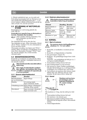 Page 2828
DANSKDA
4. Montér tankdækslet igen, og vip sædet ned.
Fyld aldrig benzintanken helt op. Efterlad et tom-
rum (mindst hele påfyldningsrøret plus 1 - 2 cm 
øverst i tanken), således at benzinen kan udvide sig 
uden at flyde over, når den opvarmes.
5.3 AFLÆSNING AF MOTOROLIE-STAND 
Krumtaphuset er ved levering påfyldt olie 
SAE 10W-30.
Kontrollér hver gang før brug, at oliestanden er 
korrekt. Maskinen skal stå plant.
Aftør området omkring oliepinden (7:S). 
Løsn oliepinden og træk den op. 
Tør den af....