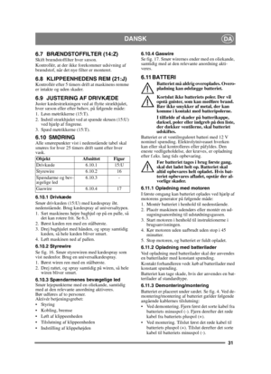 Page 3131
DANSKDA
6.7 BRÆNDSTOFFILTER (14:Z)Skift brændstoffilter hver sæson.
Kontrollér, at der ikke forekommer udsivning af 
brændstof, når det nye filter er monteret.
6.8 KLIPPEENHEDENS REM (21:J)Kontrollér efter 5 timers drift at maskinens remme 
er intakte og uden skader.
6.9 JUSTERING AF DRIVKÆDEJuster kædestrækningen ved at flytte strækhjulet, 
hver sæson eller efter behov, på følgende måde:
1. Løsn møtrikkerne (15:T).
2. Indstil strækhjulet ved at spænde skruen (15:U) ved hjælp af fingrene.
3. Spæd...