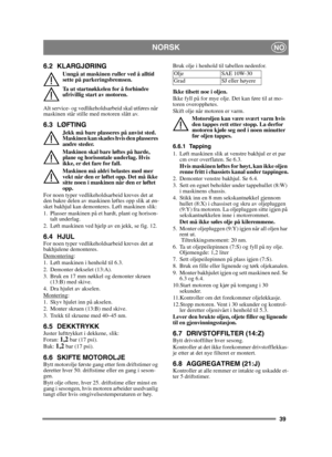 Page 3939
NORSKNO
6.2 KLARGJØRING
Unngå at maskinen ruller ved å alltid 
sette på parkeringsbremsen.
Ta ut startnøkkelen for å forhindre 
ufrivillig start av motoren. 
Alt service- og vedlikeholdsarbeid skal utføres når 
maskinen står stille med motoren slått av.
6.3 LØFTING
Jekk må bare plasseres på anvist sted. 
Maskinen kan skades hvis den plasseres 
andre steder. 
Maskinen skal bare løftes på harde, 
plane og horisontale underlag. Hvis 
ikke, er det fare for fall. 
Maskinen må aldri belastes med mer 
vekt...