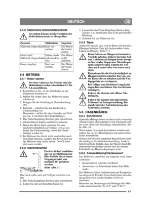 Page 4747
DEUTSCHDE
5.4.2 Elektrische SicherheitskontrolleVor jedem Einsatz ist die Funktion des 
Sicherheitssystems zu überprüfen.
5.5 BETRIEB
5.5.1 Motor startenVor dem Anlassen des Motors sind die 
Maßnahmen in den Abschnitten 5.2 bis 
5.4 auszuführen.
1. Kontrollieren Sie, ob das Zündkabel an der  Zündkerze montiert ist.
2. Stellen Sie sicher, dass das Mähwerk ausge- schaltet ist. 
3. Bringen Sie die Schaltung in Neutralstellung  (N).
4. Kaltstart – schieben Sie den Gashebel in  Chokestellung vor....