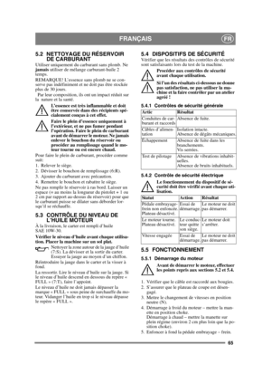 Page 6565
FRANÇAISFR
5.2 NETTOYAGE DU RÉSERVOIR DE CARBURANT
Utiliser uniquement du carburant sans plomb. Ne 
jamais  utiliser de mélange carburant-huile 2 
temps.
REMARQUE! L’essence sans plomb ne se con-
serve pas indéfiniment et ne doit pas être stockée 
plus de 30 jours.
  Par leur composition, ils ont un impact réduit sur 
la  nature et la santé.
L’essence est très inflammable et doit 
être conservée dans des récipients spé-
cialement conçus à cet effet. 
Faire le plein d’essence uniquement à 
l’extérieur,...