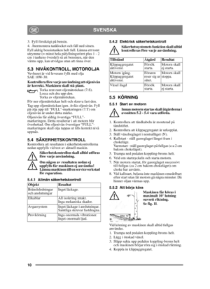 Page 1010
SVENSKASE
3. Fyll försiktigt på bensin.
4. Återmontera tanklocket och fäll ned sitsen.
Fyll aldrig bensintanken helt full. Lämna ett tomt 
utrymme (= minst hela påfyllningsröret plus 1 - 2 
cm i tankens överdel) så att bensinen, när den 
värms upp, kan utvidgas utan att rinna över.
5.3 NIVÅKONTROLL, MOTOROLJA Vevhuset är vid leverans fyllt med olja 
SAE 10W-30.
Kontrollera före varje användning att oljenivån 
är korrekt. Maskinen skall stå plant.Torka rent runt oljemätstickan (7:S). 
Lossa och dra upp...