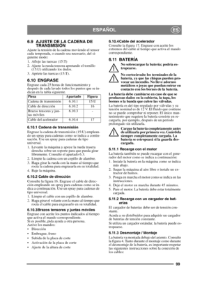 Page 9999
ESPAÑOLES
6.9 AJUSTE DE LA CADENA DE TRANSMISIÓN
Ajuste la tensión de la cadena moviendo el tensor 
cada temporada, o cuando sea necesario, del si-
guiente modo:
1. Afloje las tuercas (15:T)
2. Ajuste la rueda tensora apretando el tornillo 
(15:U) utilizando los dedos.
3. Apriete las tuercas (15:T).
6.10 ENGRASEEngrase cada 25 horas de funcionamiento y 
después de cada lavado todos los puntos que se in-
dican en la tabla siguiente.
6.10.1 Cadena de transmisión
Engrase la cadena de transmisión (15:U)...