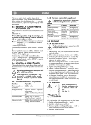 Page 136136
ČESKYCS
Překlad p ůvodního návodu k používání
Palivovou nádrž nikdy nepl ňte až po okraj. 
Ponechte v nádrži volný prostor (minimáln ě na 
délku trubice plnicího za řízení plus 1 - 2 cm), aby 
benzín nep řetekl, když se p ři zvýšení teploty zv ětší 
jeho objem.
5.3 KONTROLA HLADINY MOTO- ROVÉHO OLEJE 
Stroj se dodává s motorovou sk říní napln ěnou ole-
jem 
SAE 10W-30.
P řed každým použitím st roje zkontrolujte, zda 
je hladina olej e správná. Při kontrole musí stroj 
stát na vodor ovném povrchu.
Č...