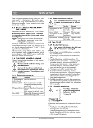 Page 164164
EESTI KEELESET
Algupärase kasutusjuhendi tõlge
Ärge valage bensiinipaaki kunagi ääreni täis. Jätke 
vaba ruumi (= vähemalt terve täitevooliku jagu 
pluss 1-2 cm paagi ülemisest äärest), et võimalda-
da bensiinil paisuda, kui see soojeneb, ilma et kü-
tus üle ääre voolaks. 
5.3 MOOTORI ÕLITASEME KONT- ROLLIMINE
Tarnimisel on karter täidetud SAE 10W-30 õliga.
Kontrollige õlitaset iga  kord enne kasutamist 
veendumaks, et see on õi ge. Masin peaks seisma 
tasasel pinnal.
Pühkige õlivarda ümbert puhtaks...