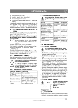 Page 173173
LIETUVIŲ KALBALT
Originalios instrukcijos vertimas
1. S ėdynę  atlenkite į  viršų.
2. Atsukite degal ų bako dangtelį (6).
3. Atsargiai pripilkite degal ų.
4. V ėl užsukite degal ų bako dangtelį ir nuleiskite 
s ė dynę .
Niekuomet nepripildykite benzino bako iki pat vir-
šaus. Palikite tuš čios vietos (bent vis ą pripildymo 
vamzdel į ir dar 1–2 cm iki bako viršaus), kad suši-
l ę s benzinas gal ėtų pl ėstis ir neišbė gtų per kraštus.
5.3 VARIKLIO ALYVOS LYGIO PATI-
KRA
Pristatymo metu variklio...